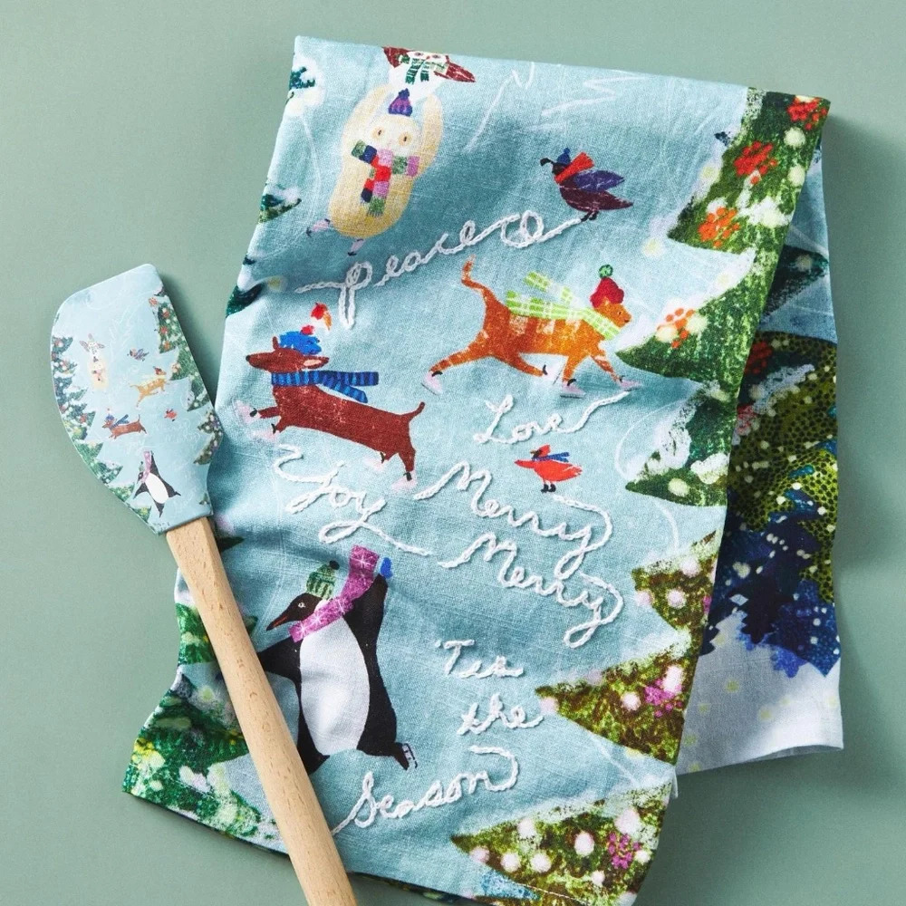 NWT Anthropologie Holiday Skate Embroidered Kitchen Tea Dish Towel and Spatula